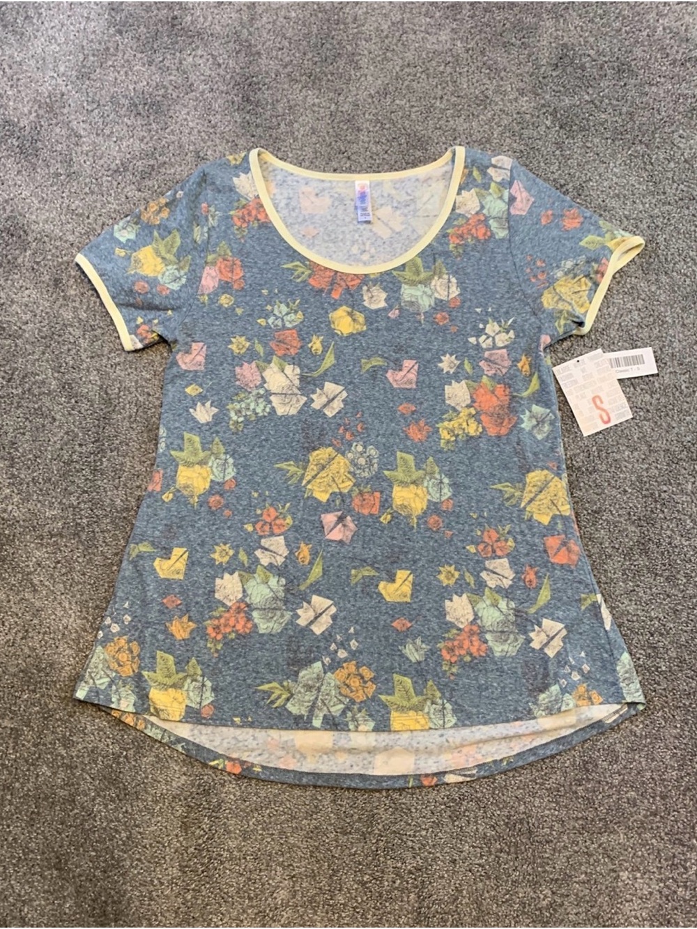 LuLaRoe Blue Floral Scoop Neck Tee with Yellow Trim